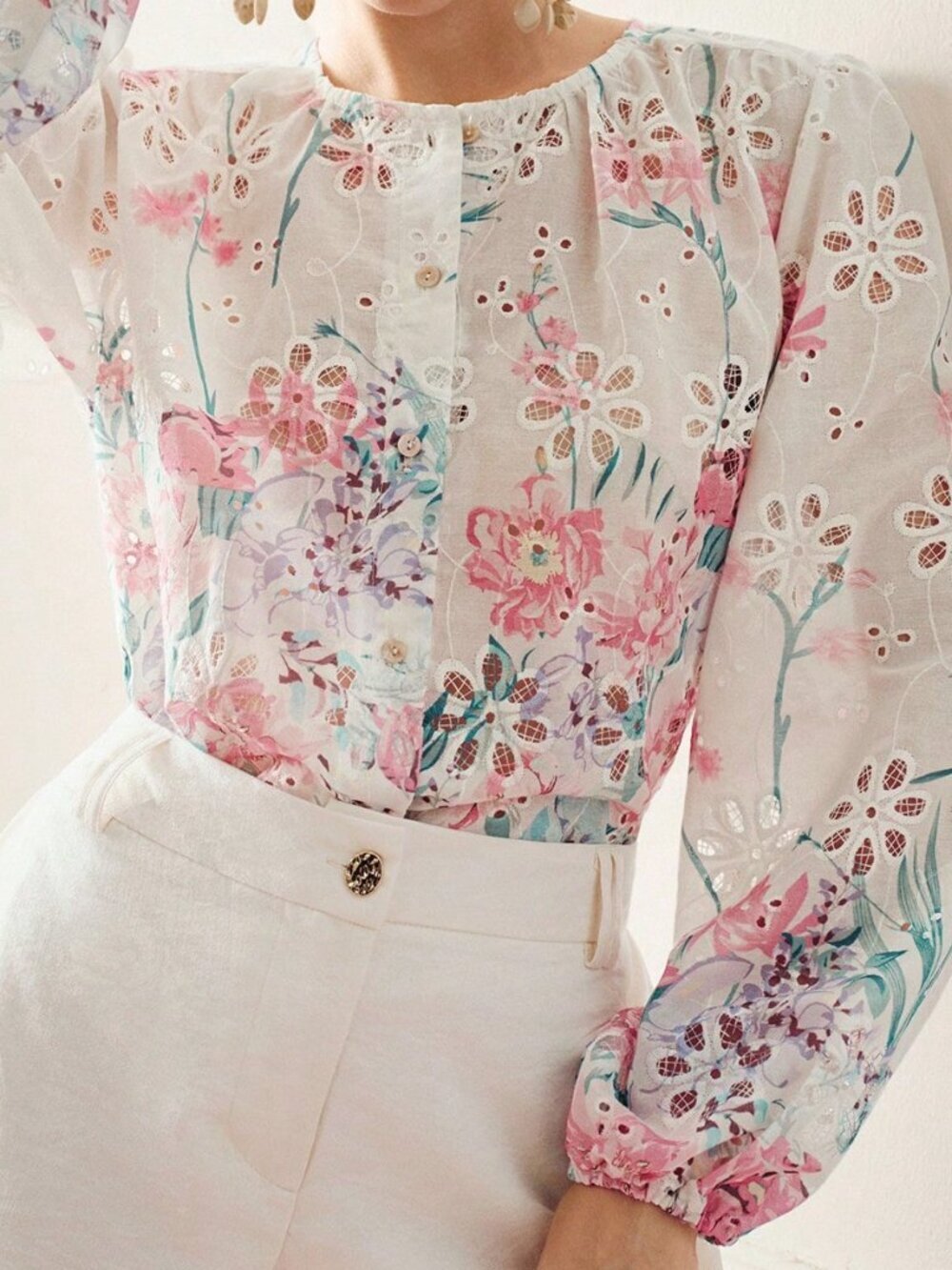 Multicolor Boho Women's Embroidered Patchwork Long Sleeve Button-Up Shirt - Picture 6 of 7